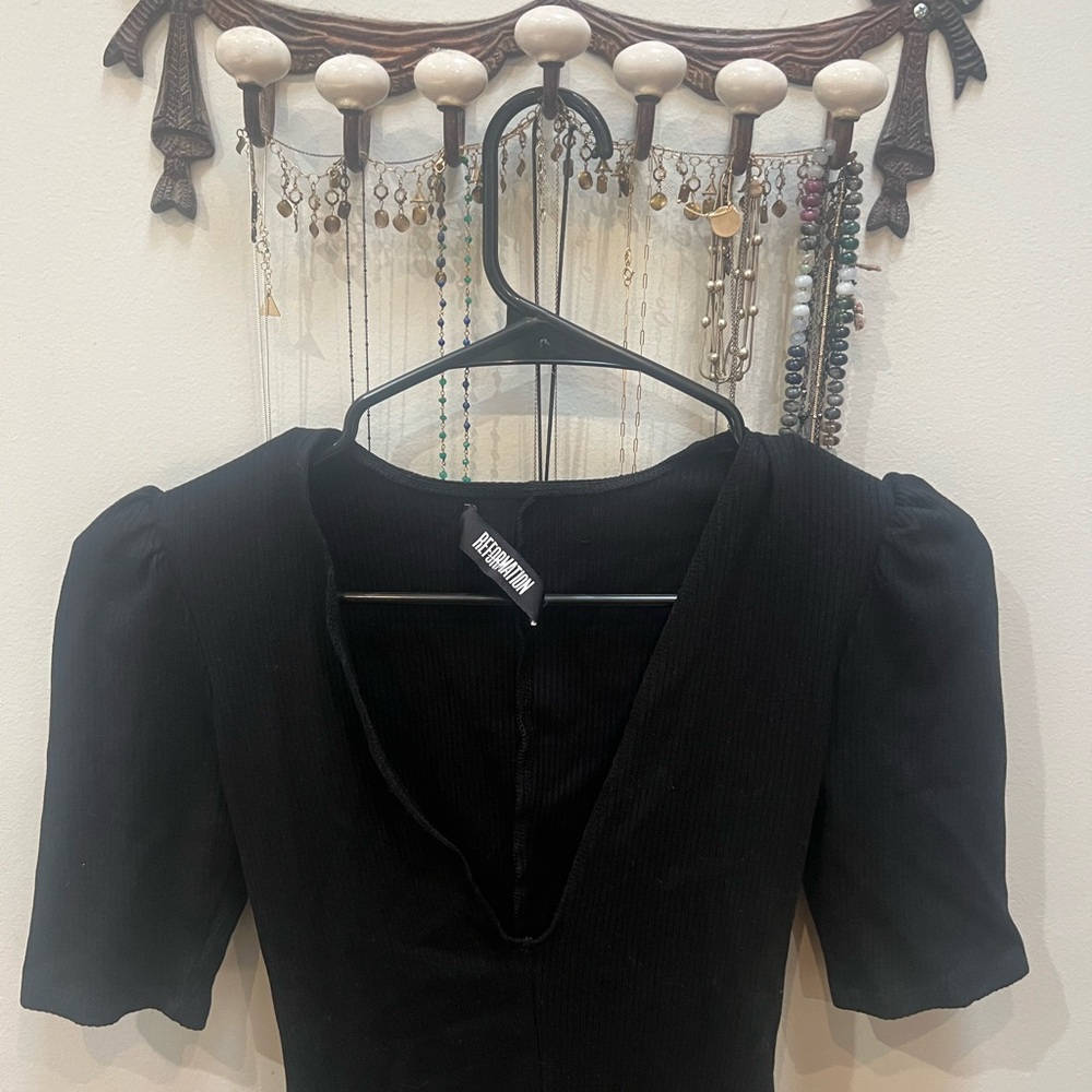 Reformation Ribbed Black V-Neck Top